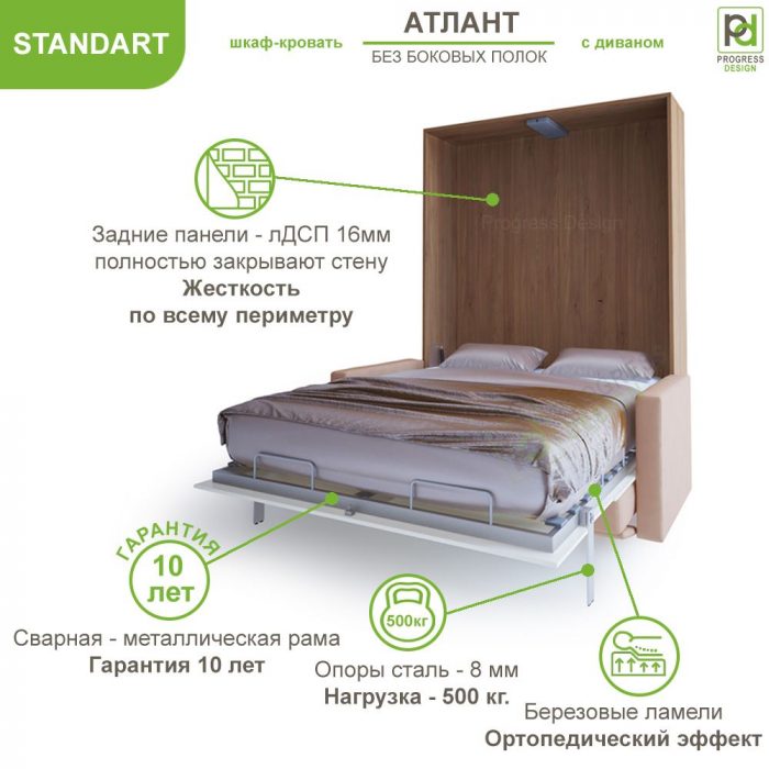 Шкаф-кровать с диваном Атлант -"Standart" без полок двуспальная