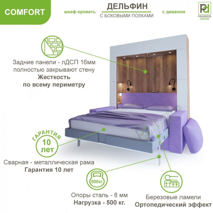 Шкаф-кровать Дельфин с диваном - "Comfort" с полками двуспальная
