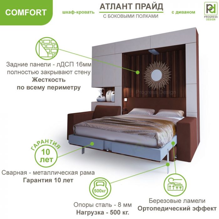Шкаф-кровать Атлант Прайд - "Comfort" с полками двуспальная