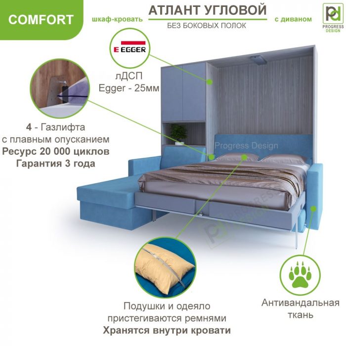 Шкаф-кровать Атлант Угловой - "Comfort" без полок двуспальная