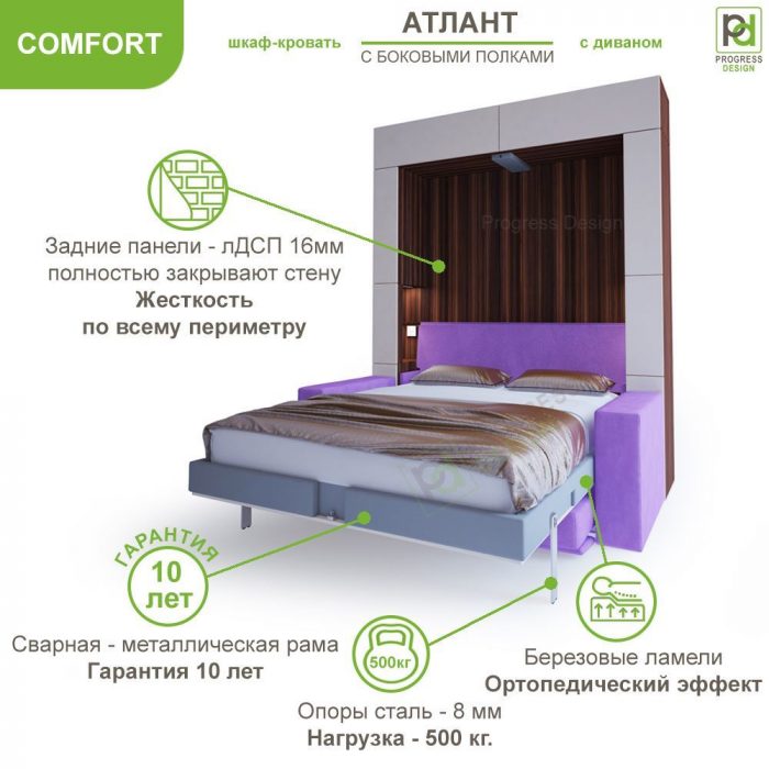 Шкаф-кровать с диваном Атлант - "Comfort" с полками двуспальная