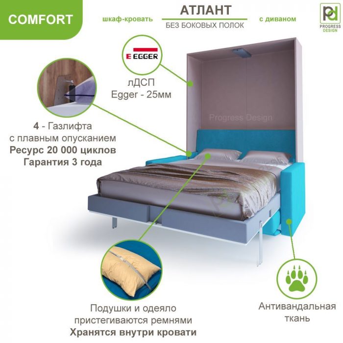Шкаф-кровать с диваном Атлант - "Comfort" без полок двуспальная